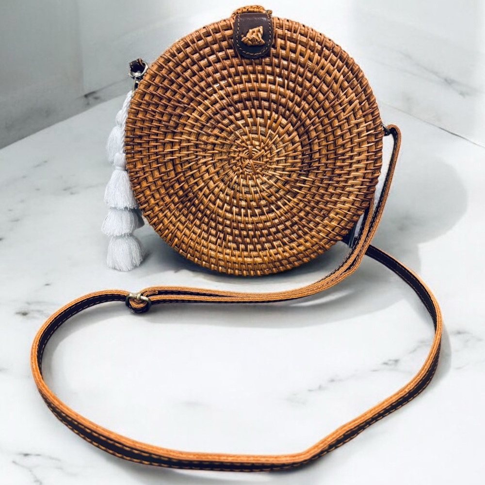Round Sunburst Ratan Leather Strap Crossbody Tropical Floral Interior Bag